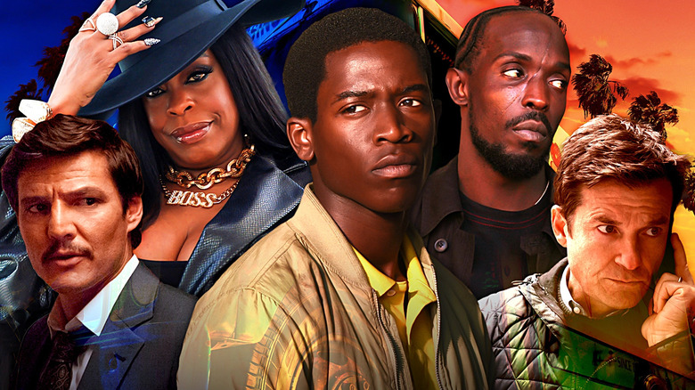 A collage of Franklin Saint (Damson Idris) in Snowfall surrounded by Javier Peña (Pedro Pascal) in Narcos, Desna Simms (Niecy Nash) in Claws, Omar Little (Michael K. Williams), and Marty Byrde (Jason Bateman) in Ozark