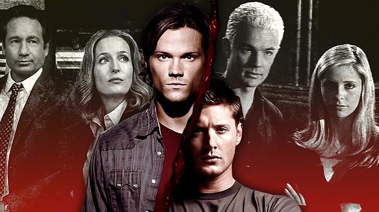 Jensen Ackles and Jared Padalecki in the middle, David Duchovny and Gillian Anderson from The X-Files, Buffy and Angel from Buffy the Vampire Slayer.
