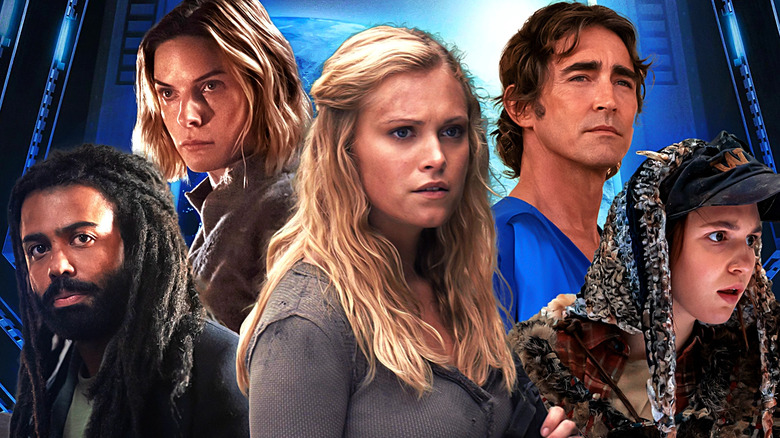 A collage of Clarke Griffin (Eliza Taylor) in The 100 surrounded by Andre Layton (Daveed Diggs) in Snowpiercer, Juliette Nichols (Rebecca Ferguson) in Silo, Cleon (Lee Pace) in Foundation, and Shauna Shipman (Sophie Nélisse) in Yellowjackets