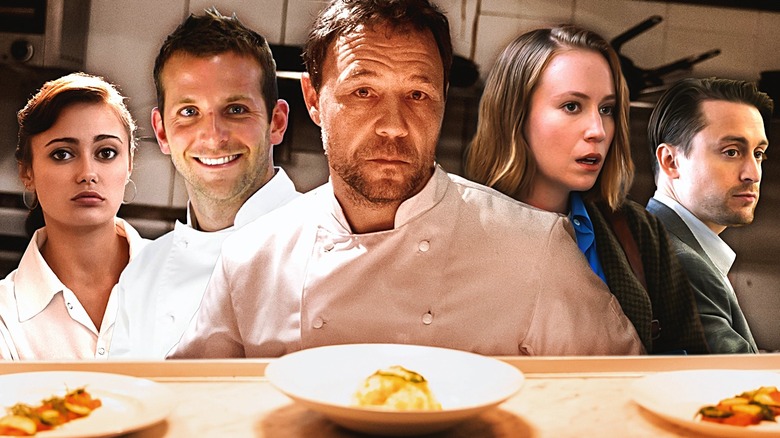 Composite of Tess (Ella Purnell) on Sweetbitter, Jack (Bradley Cooper) on Kitchen Confidential, Andy (Stephen Graham) on Boiling Point, Ava (Hannah Einbinder) on Hacks, and Roman (Kieran Culkin) on Succession