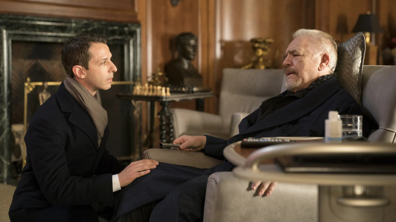 Jeremy Strong and Brian Cox as Kendall and Logan Roy, speaking in his study on Succession
