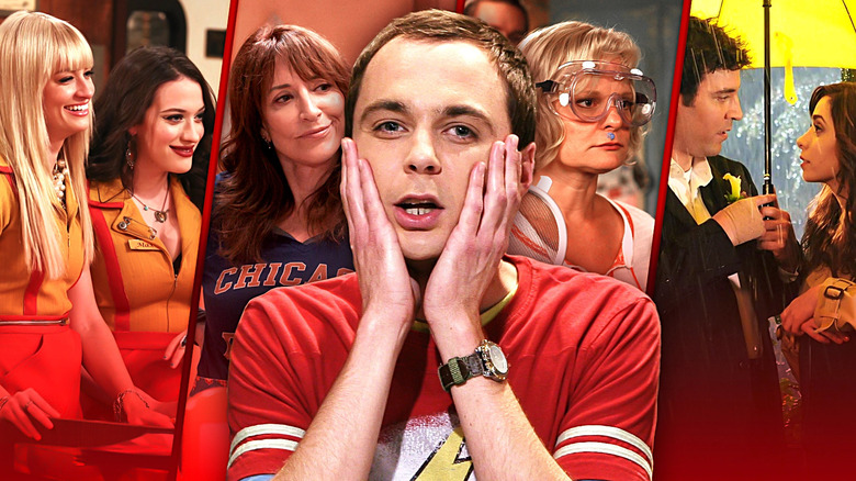 Sheldon (Jim Parsons), in The Big Bang Theory, holds his face in front of a collage featuring Caroline (Beth Behrs) and Max (Kat Dennings) in 2 Broke Girls, Louise (Katey Sagal) in The Conners, Virginia (Martha Plimpton) in Raising Hope, and Ted (Josh Radnor) and Tracy (Cristin Milioti) in How I Met Your Mother