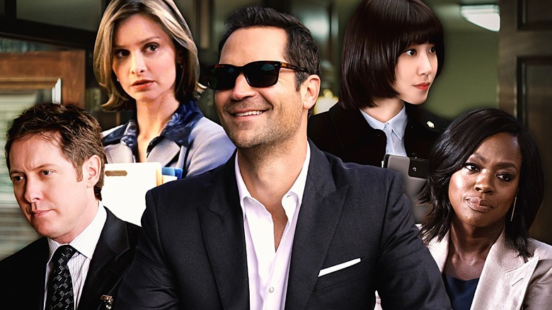 Manuel Garcia-Rulfo from The Lincoln Lawyer TV series in the middle, and around him, James Spader in Boston Legal, Calista Flockhart in Ally McBeal, Extraordinary Attorney Woo, Viola Davis in How to Get Away with Murder.