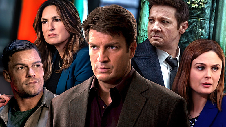 Jack Reacher (Alan Ritchson), Olivia Benson (Mariska Hargitay), John Nolan (Nathan Fillion), Mike McLusky (Jeremy Renner), and Temperance Brennan (Emily Deschanel) in a line