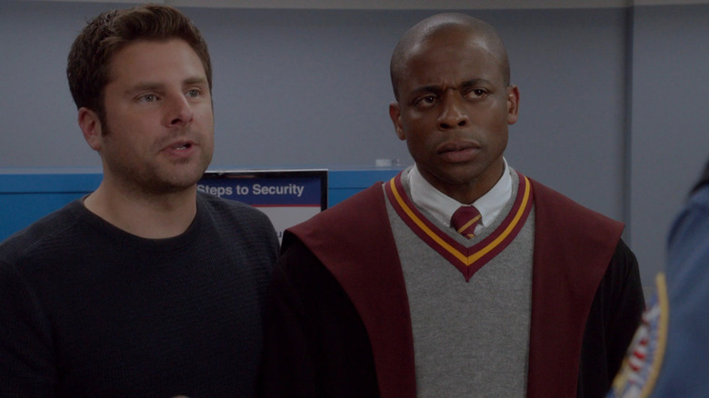 Shawn Spencer (James Roday) and Burton Guster (Dulé Hill) at security checkpoint on Psych