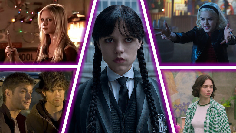 An image of Jenna Ortega as Wednesday surrounded by images from Buffy the Vampire Slayer, Chilling Adventures of Sabrina, Supernatural, and A Good Girl's Guide to Murder