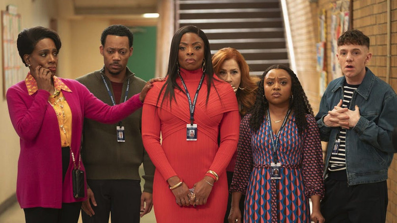 Beverly, Gregory, Ava, Melissa, Janine, and Jacob standing together looking distraught in Abbott Elementary