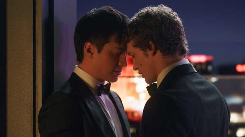 Shane Hollander (Hudson Williams) and Ilya Rozanov (Connor Storrie) embrace in Heated Rivalry