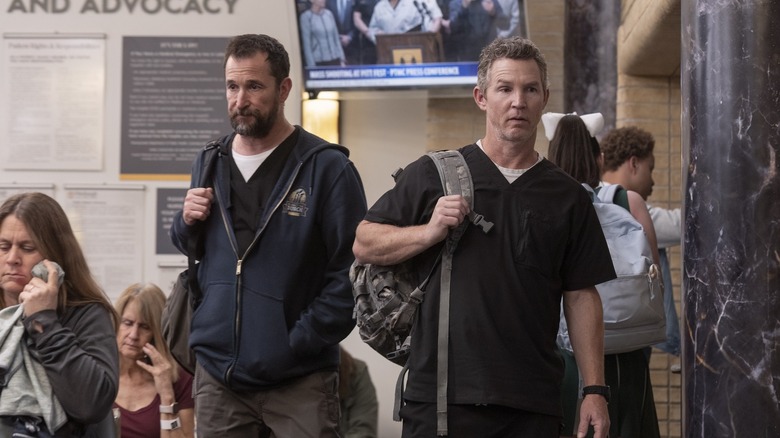 Robby and Abbot walking out of the ER on The Pitt
