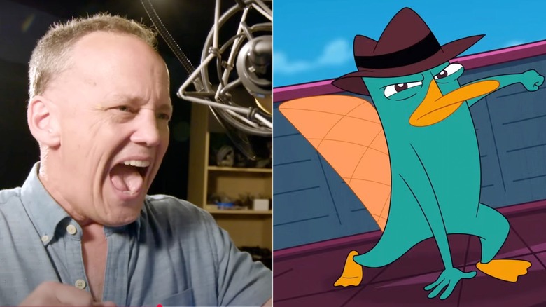 Dee Bradley Baker shouting into the microphone in a recording booth next to Perry the Platypus in an action pose in Phineas and Ferb (2007 - Present)