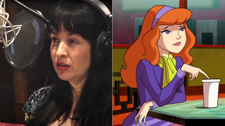 Grey DeLisle in the recording booth next to Daphne Blake sitting in a cafe with a cup of coffee in Scooby-Doo! Mystery incorporated (2010-2013)