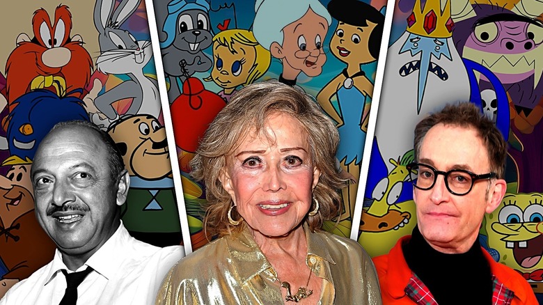 Mel Blanc, June Foray, and Tom Kenny surrounded by their most iconic characters