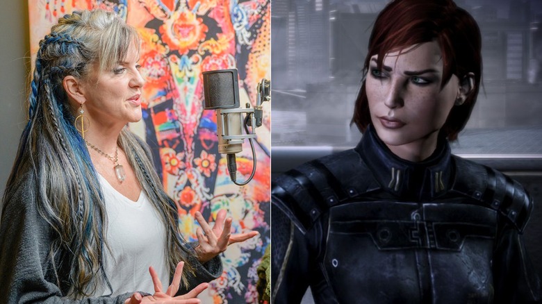 Jennifer Hale recording into a microphone in front of a tapestry next to Female Commander Shepard in Mass Effect 3 (2012)
