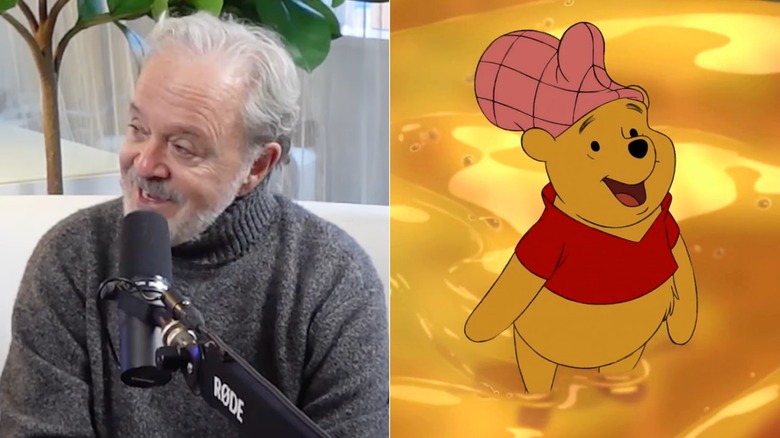 Jim Cummings talking into a microphone next to Winnie the Pooh standing in honey with a glove on his head in the "Honey Song" episode of The Mini Adventures of Winnie the Pooh (2011)