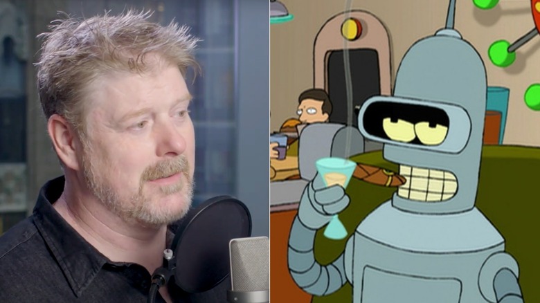 John DiMaggio talking into a microphone next to Bender smoking a cigar and drinking a cocktail in Futurama (1999 - Present)
