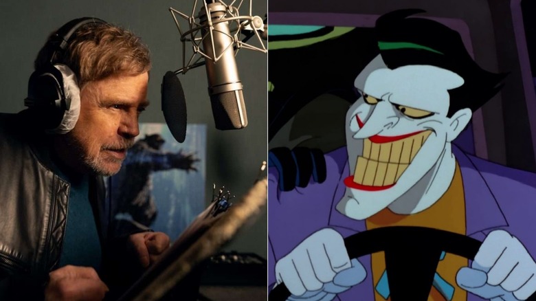 Mark Hamill recording into a microphone next to The Joker driving a van in Batman: The Animated Series (1992-1995)