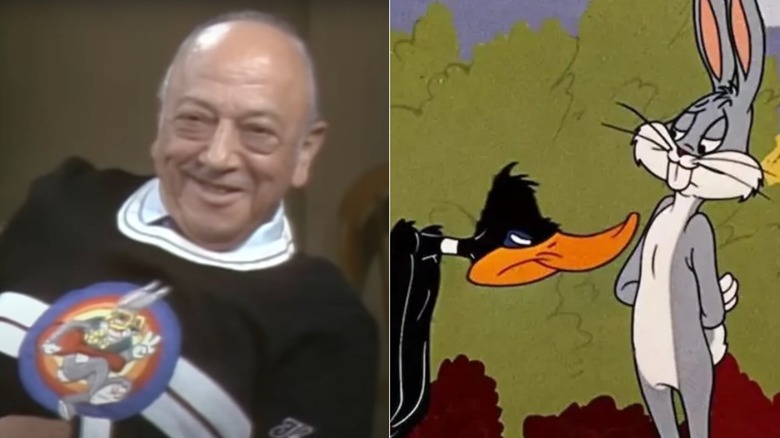 Mel Blanc on a talk show wearing a Bugs Bunny sweater next to Bugs Bunny and Daffy Duck in the "Looney Tunes" short "Rabbit Fire" (1951)