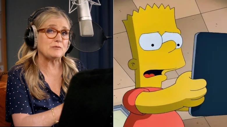 Nancy Cartwright in the recording studio next to Bart Simpson worriedly holding a tablet in The Simpsons (1989-2024)
