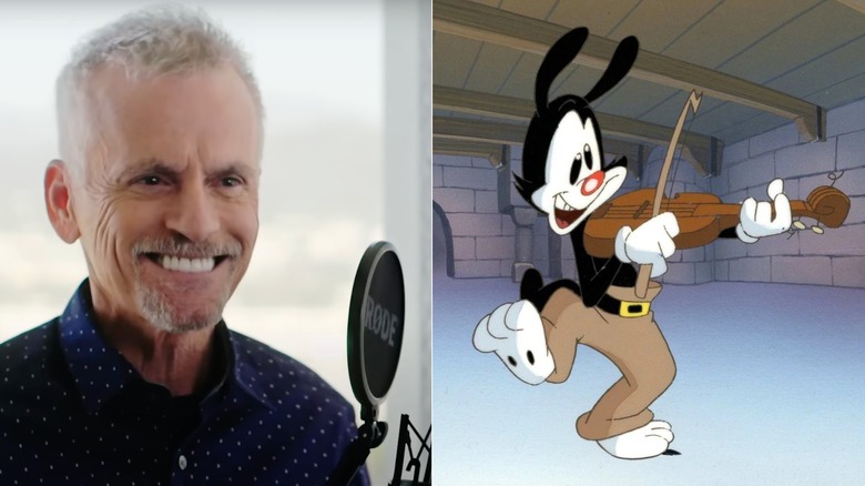 Rob Paulsen speking into a microphone next to Yakko Warner playing the violin in The Animaniacs (1993 - 1998)