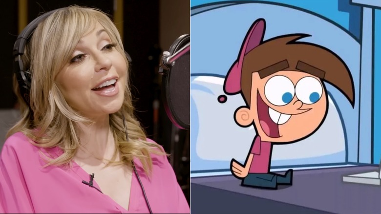 Tara Strong in a recording booth next to Timmy Turner sitting on his bed in The Fairly OddParents (2001 - 2016)