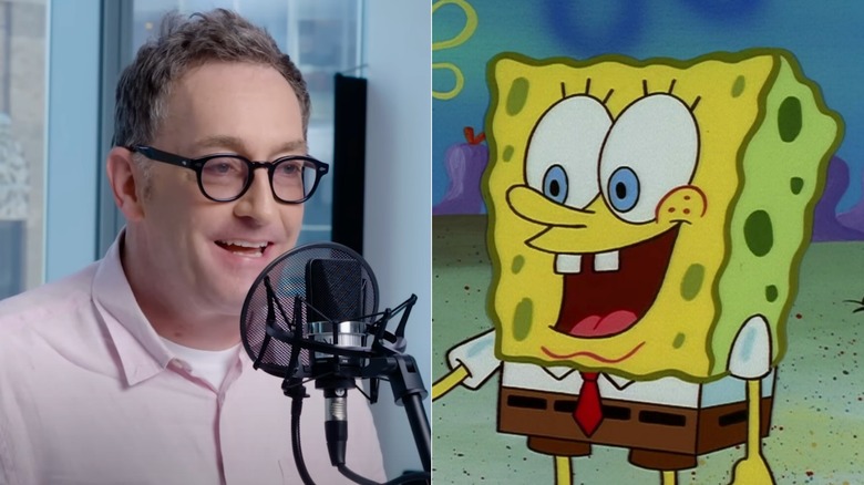 Tom Kenny recording into a microphone next to SpongeBob SquarePants in Spongebob SquarePants (1999 - Present)