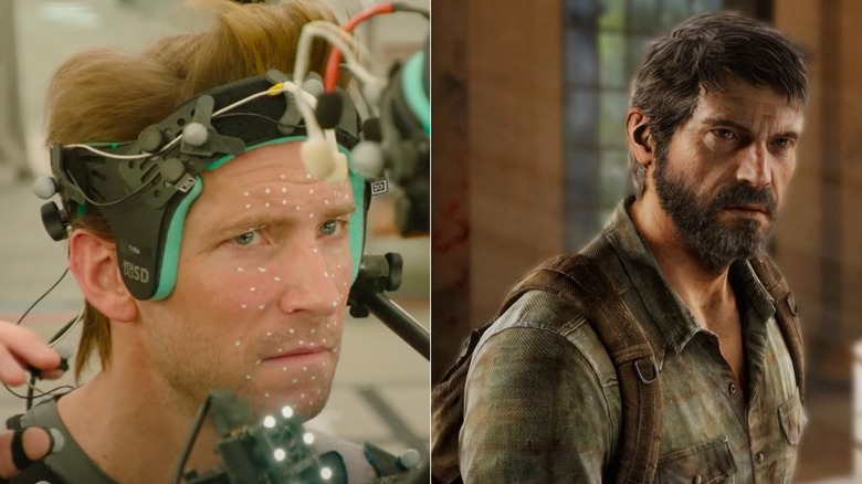 Troy Baker in a motion capture suit next to Joel Miller in The Last of Us (2013)