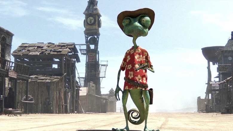 Johnny Depp as Rango, out of place in a gunfight in Rango