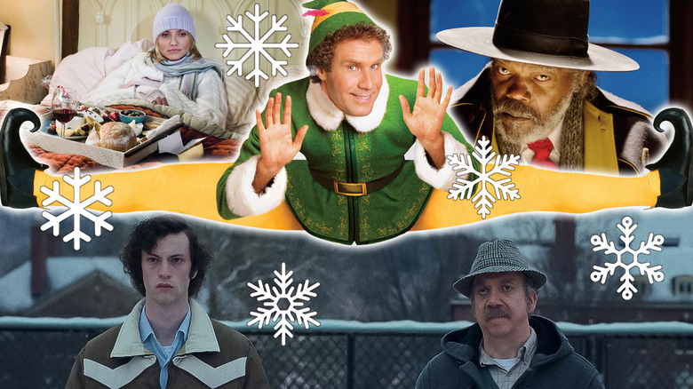 Will Ferrell as Buddy the Elf doing the splits in front of Cameron Diaz in The Holiday, Samuel L Jackson in The Hateful Eight, and Dominic Sessa and Paul Giamatti in The Holdovers