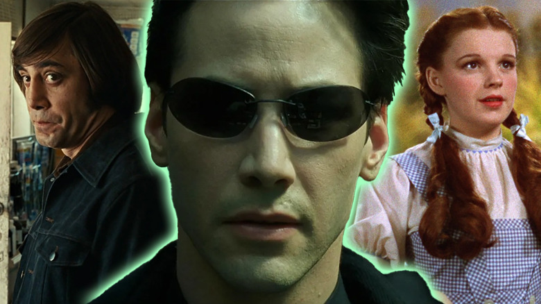 Neo (Keanu Reeves) in The Matrix flanked by Anton Chigurh (Javier Bardem) in No Country for Old Men and Dorothy (Judy Garland) in Wizard of Oz