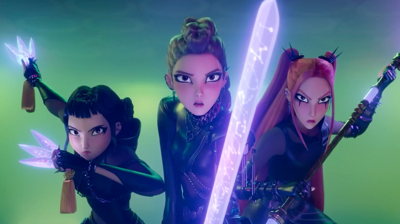 Rumi, Mira, and Zooey prepare for battle in KPop Demon Hunters.