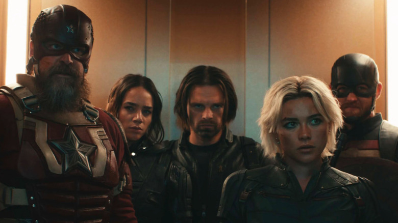 The Thunderbolts exit an elevator in the Thunderbolts.