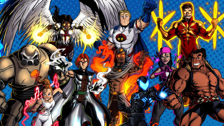 superheroes from card game posing
