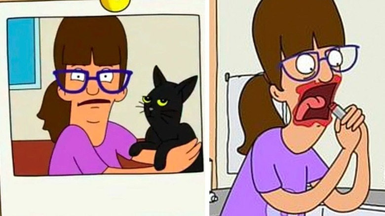 A woman in a photograph holds a disinterested cat. 