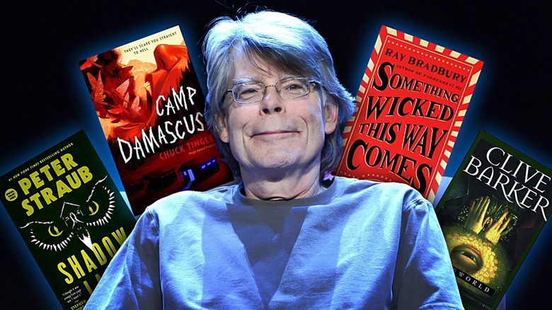 Stephen King on stage, flanked by book covers for for Shadowlands, Weaveworld, Something Wicked This Way Comes, and Camp Damascus