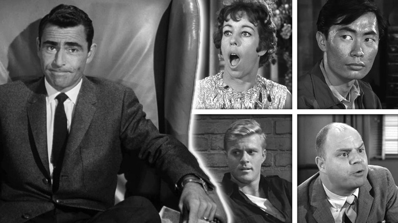 Rod Serling in a chair on The Twilight Zone next to images of Carol Burnett, George Takei, Robert Redford, and Don Rickles on the show in a composite image