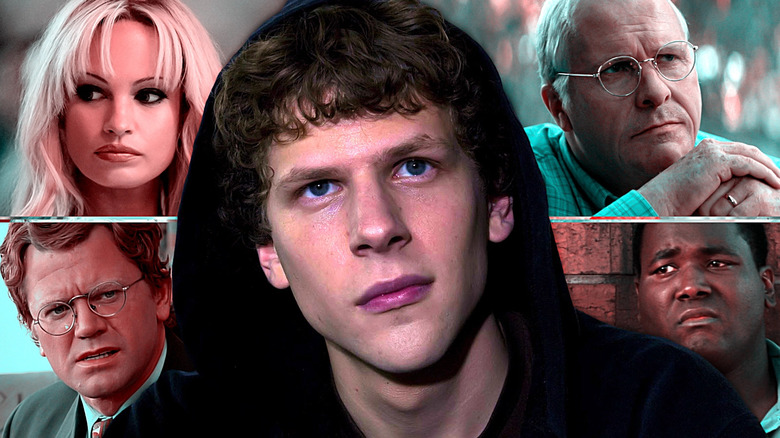 Mark Zuckerberg (Jesse Eisenberg) surrounded by David Letterman (John Michael Higgins), Pamela Anderson (Lily James), Dick Cheney (Christian Bale), and Michael Oher (Quinton Aaron)