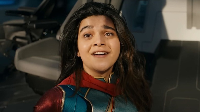 Kamala Khan/Ms. Marvel (Iman Vellani) looks upon her heroes in awe in The Marvels (2023)