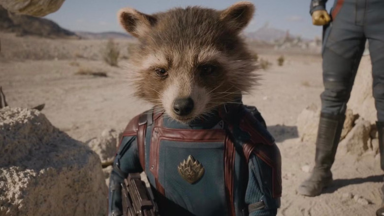 Rocket Raccoon stands on a desert plan with his new Guardians of the Galaxy team in Guardians of the Galaxy, Vol. 3 (2023)