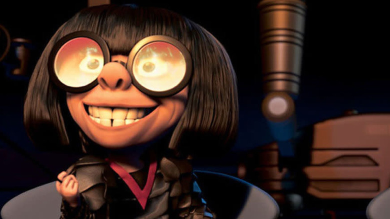 Edna Mode with fire reflecting off her glasses in The Incredibles