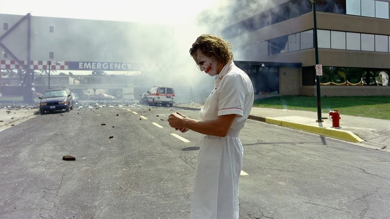 Joker (Heath Ledger) blowing up a hospital in The Dark Knight