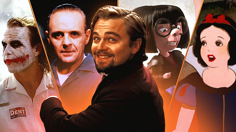 Joker (Heath Ledger), Hannibal Lecter (Anthony Hopkins), Edna Mode, and Snow White surrounding Calvin Candie (Leonardo DiCaprio)