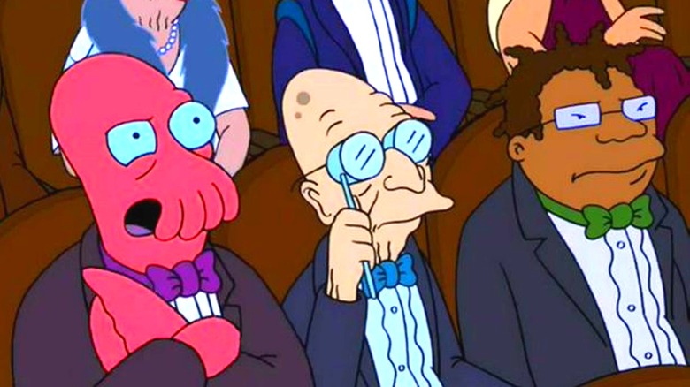 Zoidberg, Professor Farnsworth, and Hermes watching an opera