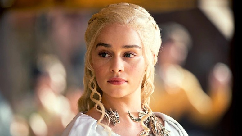 Emilia Clarke as Daenerys wearing white in Game of Thrones