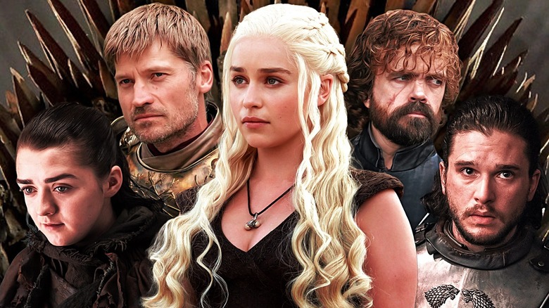 Maisie Williams as Arya Stark, Nikolaj Coster-Waldau as Jaime Lannister, Emilia Clarke as Daenerys Targaryen, Peter Dinklage as Tyrion Lannister, and Kit Harington as Jon Snow