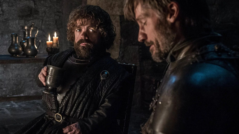 Peter Dinklage as Tyrion looking at Nikolaj Coster-Waldau as Jaime in Game of Thrones