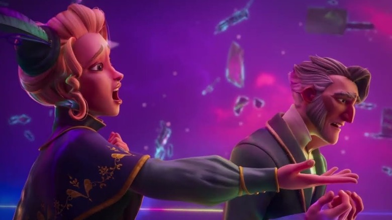 Isabel and Scrooge singing in a purple dimension in Scrooge: A Christmas Carol