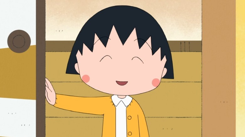 Momoko "Maruko" Sakura opening a door and smiling on Chibi Maruko-chan