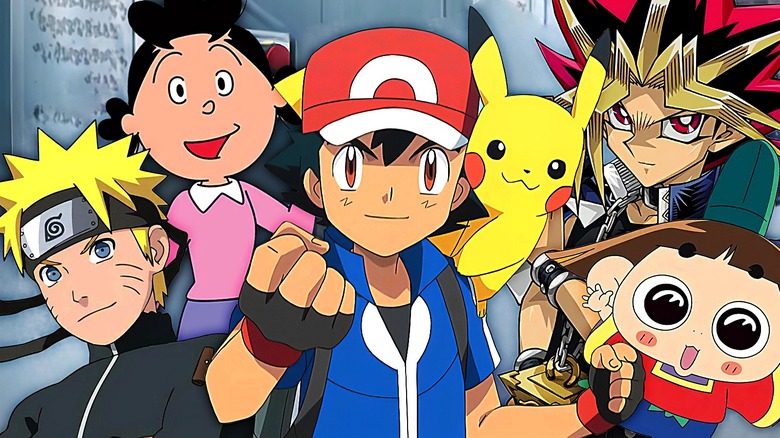 Naruto Uzumaki from Naruto: Shippuden, Sazae Fuguta from Sazae-san, Ash Ketchum and Pikachu from Pokémon, Yugi Muto from Yu-Gi-Oh!, and Ojarumaru Sakanoue from Ojarumaru