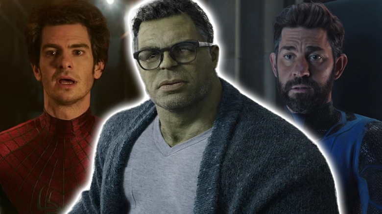 A composite image of Andrew Garfield as Spider-Man, Mark Ruffalo as the Hulk, and John Krasinski as Reed Richards