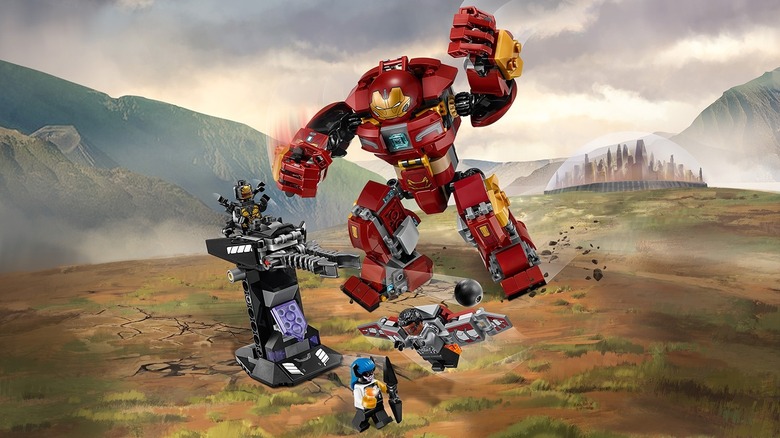 A promotional image of a LEGO set featuring the Hulkbuster fighting Thanos' forces